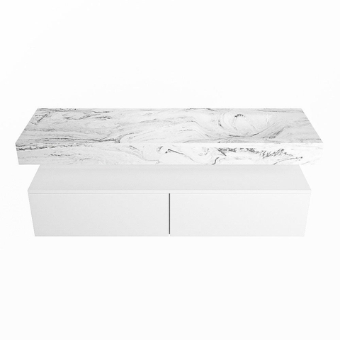 Mondiaz ALAN-DLUX Ensemble de meuble - 150cm - meuble Talc mat - 2 tiroirs - Lavabo Cloud Glace suspendu - vasque Droite - 0 trous de robinet SW805604