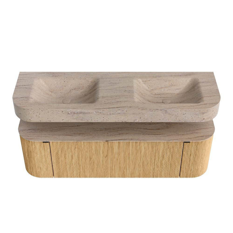 MONDIAZ THOR-DLUX 150cm meuble de salle de bains arrondi gauche + droite couleur Oak avec 1 tiroir et 2 portes. Vasque suspendue CLOUD Double sans trou de robinet couleur Saba. SW1464858