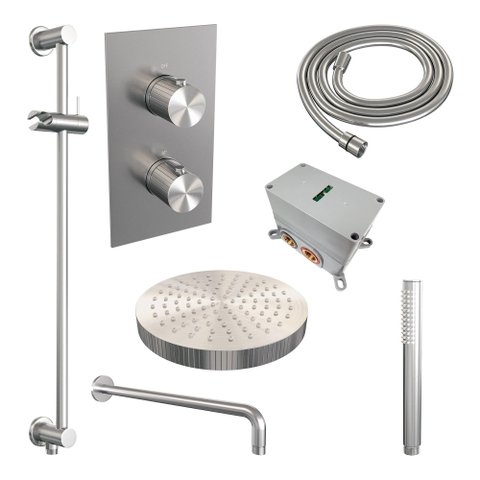 BRAUER Stripe Thermostatische Inbouw Regendouche - 3-weg - rechthoekig - SET 20 - 25cm douchekop - gebogen muurarm - staaf handdouche - doucheslang - geïntegreerde glijstang - RVS-kleurig geborsteld PVD SW1435260