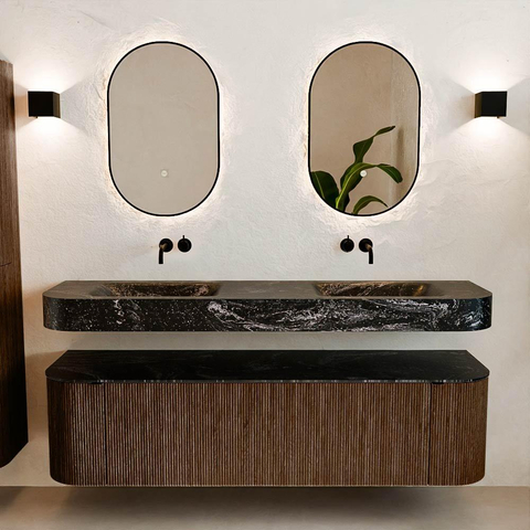 MONDIAZ THOR-DLUX 170cm meuble de salle de bains arrondi gauche + droite couleur Walnut avec 1 tiroir et 2 portes. Vasque suspendue CLOUD Double sans trou de robinet couleur Lava. SW1465595