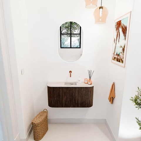 Mondiaz JOYA-DLUX 83.2cm toiletmeubel - ronding links en rechts kleur Walnut - Wastafel FAYE positie Midden Zonder kraangat kleur Nata. SW1424554