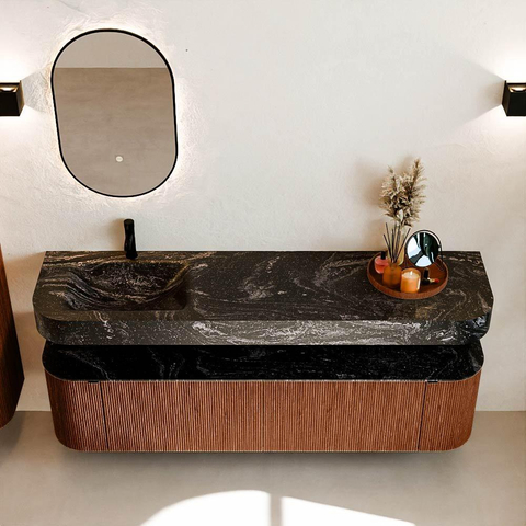 MONDIAZ THOR-DLUX 180cm meuble de salle de bains arrondi gauche + droite couleur Ruby avec 2 tiroirs et 2 portes. Vasque suspendue CLOUD Gauche 1 trou de robinet couleur Lava. SW1466063