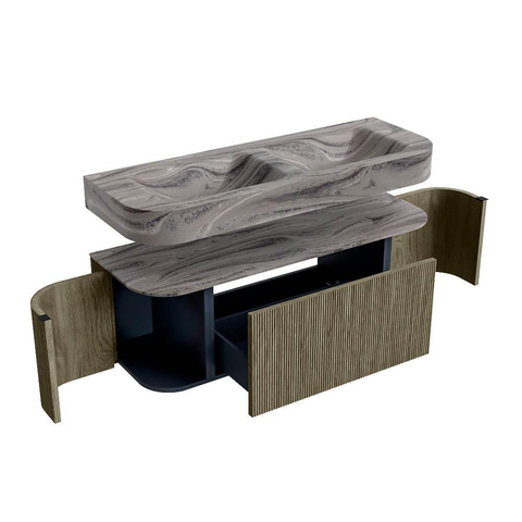 MONDIAZ THOR-DLUX Meuble de salle de bains - 130cm - arrondi gauche + droite - couleur Shadow - 1 tiroir - 2 portes - Vasque suspendue CLOUD Double sans trou de robinet - couleur Sombra SW1463887