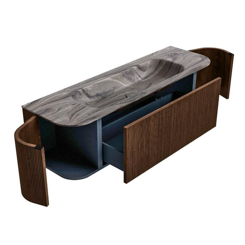 MONDIAZ KURVE-DLUX 150cm badmeubel ronding Links + Rechts kleur Walnut met 1 lade en 2 deuren. Wastafel BIG MEDIUM Midden 1 kraangat Sombra. SW1433663