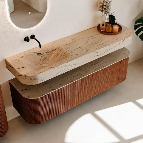 MONDIAZ THOR-DLUX 160cm meuble de salle de bains arrondi gauche + droite couleur Ruby avec 1 tiroir et 2 portes. Vasque suspendue CLOUD gauche sans trou de robinet couleur Arena. SW1465149