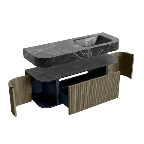 MONDIAZ THOR-DLUX 130cm meuble de salle de bains arrondi gauche + droite couleur Shadow avec 1 tiroir et 2 portes. Vasque suspendue CLOUD Droite 1 trou de robinet couleur Lava. SW1463779