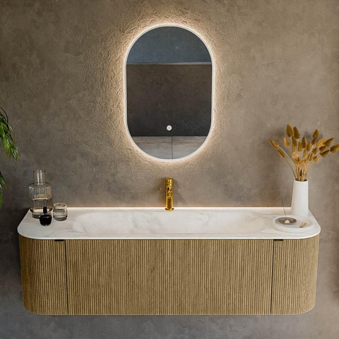 Mondiaz KURVE-DLUX Ensemble de meuble de salle de bains - 150x46x40cm - 1 tiroir - 2 portes - lavabo solid surface - central - 1 trou de robinet - Dusk SW1415154