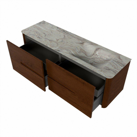 Mondiaz CIRO-DLUX Meuble de salle de bains - 150x45x50cm - Plan vasque solid surface Glace - 1 vasque à droite - sans trous de robinet - 4 tiroirs - Ruby SW1531668