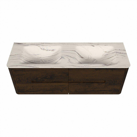 Mondiaz CIRO-DLUX Meuble de salle de bains - 140x45x50cm - Plan vasque solid surface Nata - 2 vasques double - 2 trous de robinetterie - 4 tiroirs - Noyer SW1530641