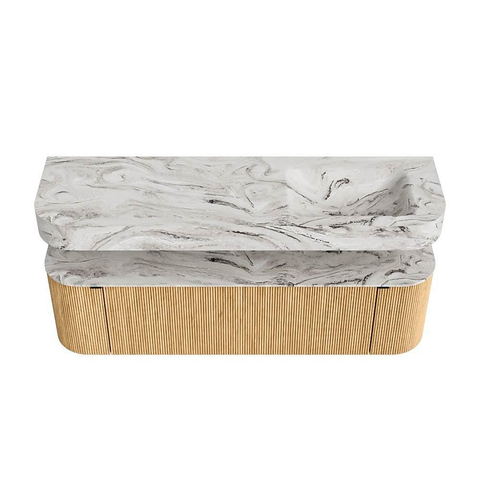 MONDIAZ THOR-DLUX 160cm badmeubel ronding links + rechts kleur Oak met 1 lade en 2 deuren. Vrijhangende wastafel CLOUD Rechts zonder kraangat kleur Glace. SW1464939