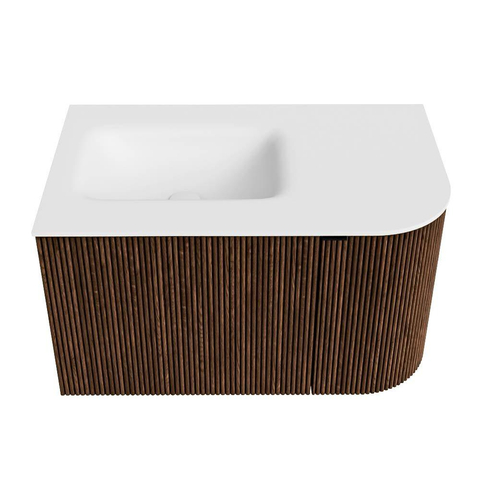 MONDIAZ KURVE meuble de salle de bains 75cm avec module 25 R couleur noyer avec 1 tiroir et 1 porte. Lavabo GRUNNE gauche sans trou de robinet Talc. SW1138232