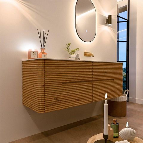 Mondiaz CIRO-DLUX Badkamermeubelset - 140x45x50cm - Solid surface wastafel Opalo - 1 wasbak Rechts - zonder kraangaten - 4 lades - Oak SW1531006