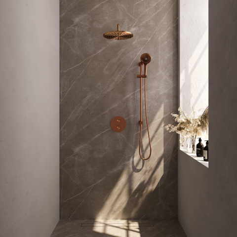 BRAUER Copper Carving douche de pluie encastrée thermostatique - 3 voies - rond - set 94 - pomme de douche 30cm - bras mural courbé - douchette 3 jets - flexible de douche - barre de douche intégrée - cuivre brossé PVD SW1159137