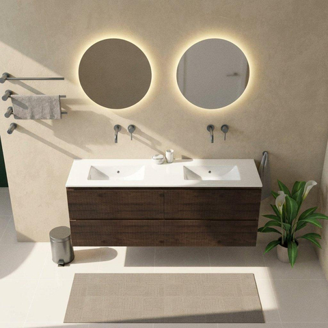 Saniclass Holz Atelier Ensemble de meubles de salle de bains - 160x45x62cm - Lavabo Vygo en céramique blanc - 2 vasques - sans trous de robinetterie - 4 tiroirs - chêne charcoal mat (bois) SW1478927