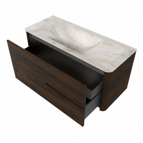 Mondiaz CIRO-DLUX Badkamermeubelset - 110x45x50cm - Solid surface wastafel Frappe - 1 wasbak Midden - zonder kraangaten - 2 lades - Walnut SW1530312