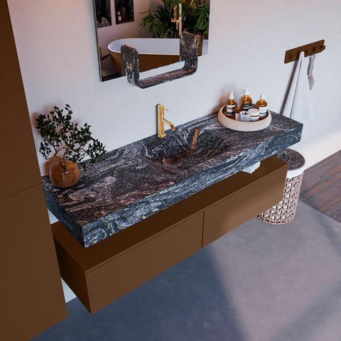 Mondiaz ALAN-DLUX Ensemble de meuble - 150cm - meuble Rust mat - 2 tiroirs - Lavabo Cloud Lava suspendu - vasque Centre - 1 trou de robinet SW808483