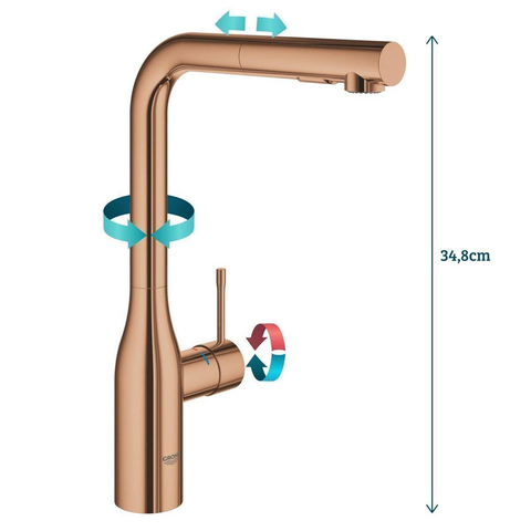 GROHE essence new robinet de cuisine avec mousseur extractible avec bec haut extractible pivotant 360° Warm sunset brillant (cuivre) SW97574