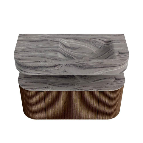 MONDIAZ THOR-DLUX 100cm meuble de salle de bains arrondi gauche + droite couleur Walnut avec 1 tiroir et 2 portes. Vasque suspendue CLOUD Droite sans trou de robinet couleur Sombra. SW1467614