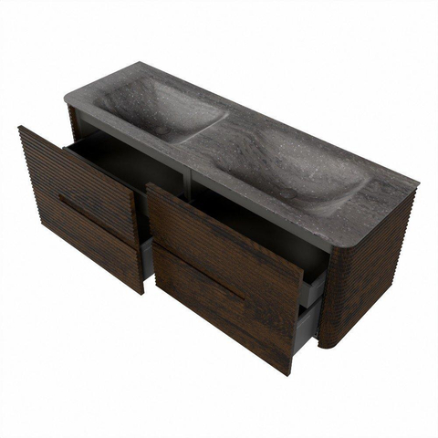 Mondiaz CIRO-DLUX Ensemble de meubles de salle de bains - 140x45x50cm - plan vasque solid surface Oza - 2 vasques Double - sans trous de robinet - 4 tiroirs - Noyer SW1530636