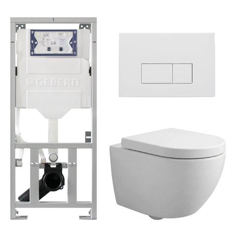 QeramiQ Dely Swirl Compact Toiletset - inbouwreservoir Geberit UP320 - met Burda frame - 25mm zitting - metalen bedieningsplaat mat wit - rechthoekigeknoppen - mat wit SW1595658