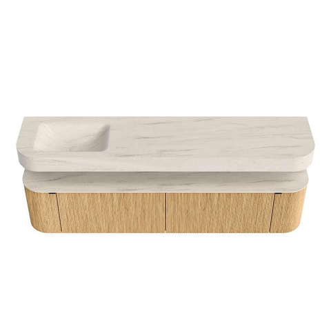 MONDIAZ THOR-DLUX 200cm meuble de salle de bains arrondi gauche + droite couleur Oak avec 2 tiroirs et 2 portes. Vasque suspendue CLOUD Gauche sans trou de robinet couleur Meli. SW1467103
