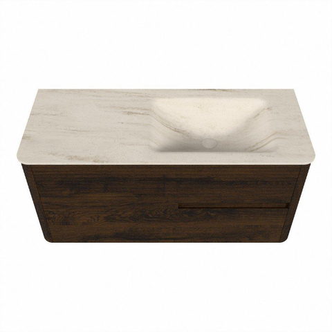 Mondiaz CIRO-DLUX Meuble de salle de bains - 110x45x50cm - Plan-vasque solid surface Meli - 1 bassin à droite - sans trous de robinet - 2 tiroirs - Noyer SW1530477