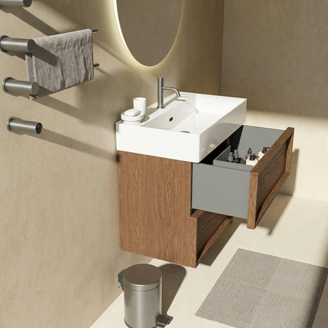 Saniclass Holz Frame Badkamermeubelset - 80x45x72cm - Legend keramische wastafel mat wit - 1 wasbak - 1 kraangat - 2 lades - mat walnut pure (hout) SW1580079