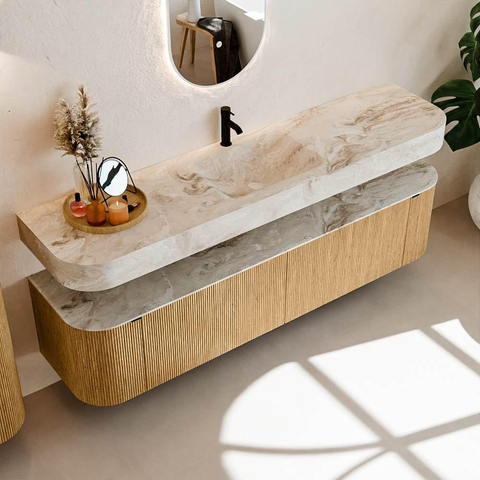 MONDIAZ THOR-DLUX Meuble de salle de bains - 190cm - arrondi gauche + droite - couleur Oak - 2 tiroirs - 2 portes - Vasque suspendue CLOUD centrale 1 trou de robinet couleur Frappe SW1466348
