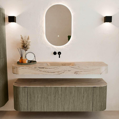 MONDIAZ THOR-DLUX 150cm meuble de salle de bains arrondi gauche + droite couleur Shadow avec 1 tiroir et 2 portes. Vasque suspendue CLOUD Milieu sans trou de robinet couleur Arena. SW1464764