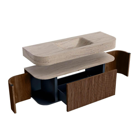 MONDIAZ THOR-DLUX 130cm badmeubel ronding links + rechts kleur Walnut met 1 lade en 2 deuren. Vrijhangende wastafel CLOUD Midden 1 kraangat kleur Saba. SW1464018