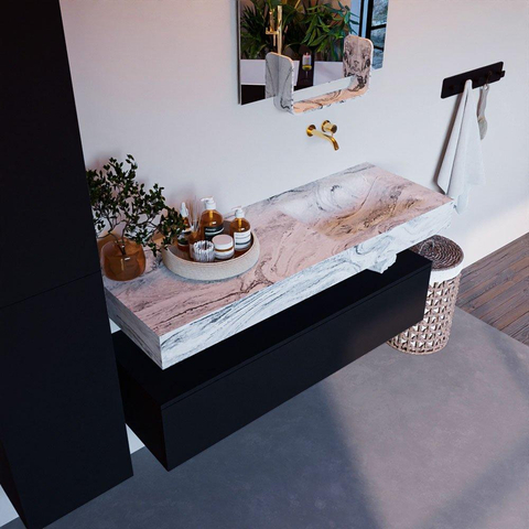 Mondiaz ALAN-DLUX Ensemble de meuble - 130cm - meuble Urban mat - 1 tiroir - Lavabo Cloud Glace suspendu - vasque Droite - 0 trous de robinet SW805306