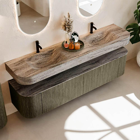 MONDIAZ THOR-DLUX Meuble de salle de bains - 190cm - arrondi gauche + droite - couleur Shadow - 2 tiroirs et 2 portes - Vasque suspendue CLOUD Double 2 trous de robinet - couleur Oza SW1466667