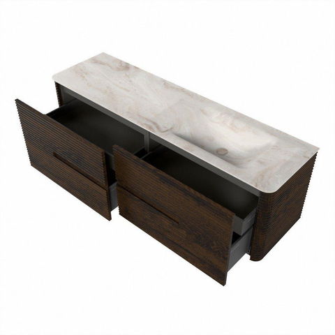 Mondiaz CIRO-DLUX Meuble de salle de bains - 160x45x50cm - Plan vasque Solid Surface Frappe - 1 lavabo à droite - sans trous de robinetterie - 4 tiroirs - Noyer SW1530233