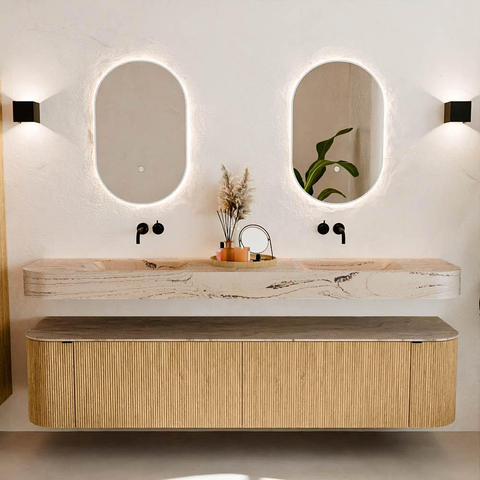 MONDIAZ THOR-DLUX 200cm meuble de salle de bains arrondi gauche + droite couleur Chêne avec 2 tiroirs et 2 portes. Vasque suspendue CLOUD Double sans trou de robinet couleur Arena. SW1467065
