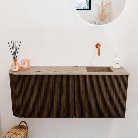Mondiaz JOYA-DLUX Meuble de salle de bains 101.6cm - arrondi gauche couleur Walnut - Vasque FAYE position Droite Sans trou de robinet couleur Arena SW1424373
