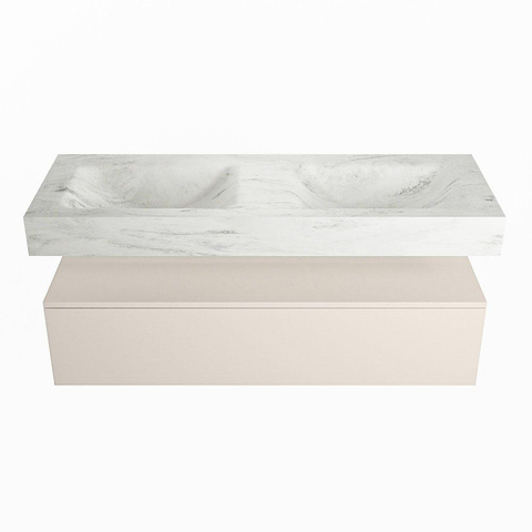 Mondiaz ALAN-DLUX Ensemble de meuble - 130cm - meuble Linen mat - 1 tiroir - Lavabo Cloud Opalo suspendu - vasque Gauche et droite - 0 trous de robinet SW806674
