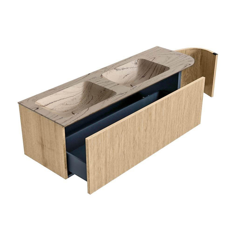 MONDIAZ KURVE-DLUX Meuble de salle de bains 145cm arrondi à droite couleur Chêne avec 1 tiroir et 1 porte. Vasque LEAF Double / Gauche 2 trous de robinet Arena. SW1431152