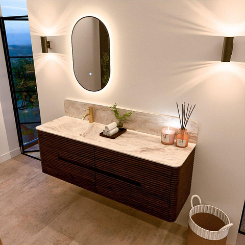 Mondiaz CIRO-DLUX Ensemble de meubles de salle de bains - 150x45x50cm - Lavabo solid surface Frappe - 1 vasque à gauche - 1 trou de robinet - 4 tiroirs - Noyer SW1530311