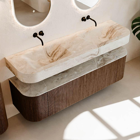 MONDIAZ THOR-DLUX 160cm badmeubel ronding links + rechts kleur Walnut met 1 lade en 2 deuren. Vrijhangende wastafel CLOUD Dubbel zonder kraangat kleur Frappe. SW1464989