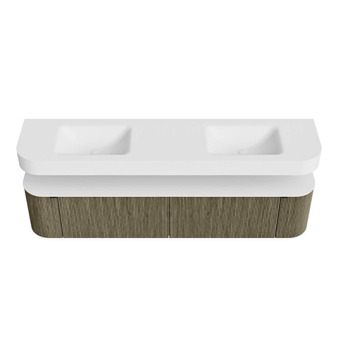 MONDIAZ THOR Meuble de salle de bains 200cm arrondi gauche + droite couleur Shadow avec 2 tiroirs et 2 portes. Vasque suspendue CLOUD Double 2 trous de robinet couleur Talc. SW1466922