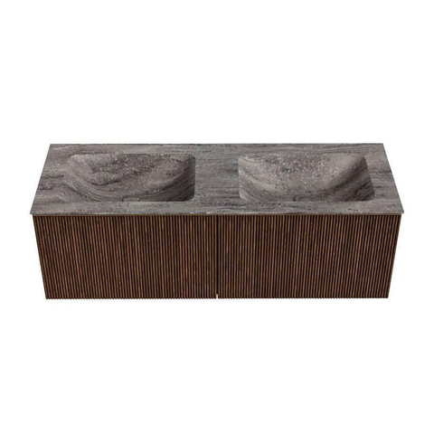 MONDIAZ KURVE-DLUX 130cm badmeubel kleur Walnut met 2 lades en 0 deuren. Wastafel LEAF Dubbel zonder kraangat Oza. SW1432476