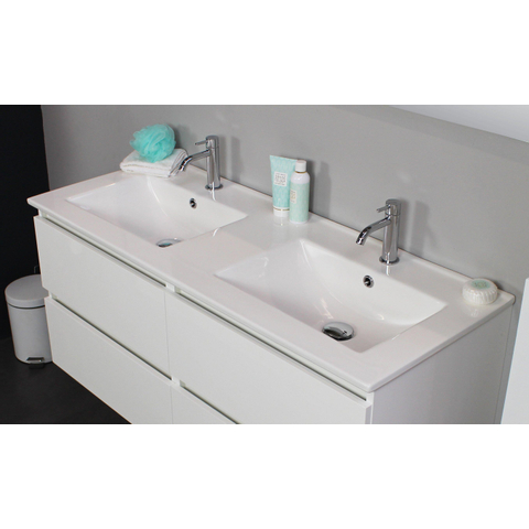 Basic Bella Meuble avec lavabo en porcelaine 2 trous de robinet 120x55x46cm avec armoire toilette à 2 portes gris Blanc brillant SW398065