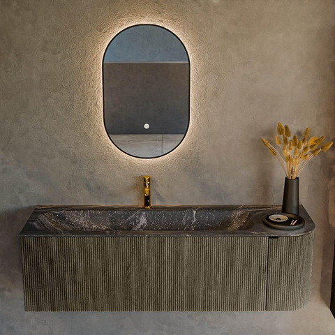 Mondiaz KURVE-DLUX Ensemble de meuble de salle de bains - 145x46x40cm - 1 tiroir - 1 porte - lavabo solid surface - gauche - 1 trou de robinet - Shadow SW1414672