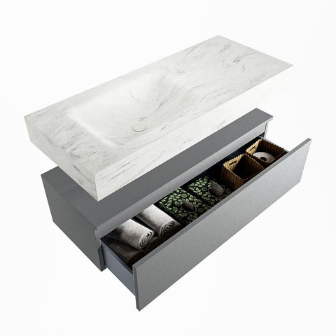 Mondiaz ALAN-DLUX Ensemble de meuble - 110cm - meuble Plata mat - 1 tiroir - Lavabo Cloud Opalo suspendu - vasque Gauche - 0 trous de robinet SW807133