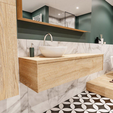 MONDIAZ LUSH Ensemble de meuble salle de bain - 150cm - 1 tiroir - lavabo BARCO - vasque à gauche - 1 trou de robinet - chêne blanchi SW409604