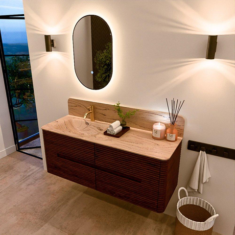 Mondiaz CIRO-DLUX Ensemble de meubles de salle de bains - 130x45x50cm - Plan-vasque en solid surface Arena - 1 vasque à gauche - 1 trou de robinet - 4 tiroirs - Ruby SW1531703