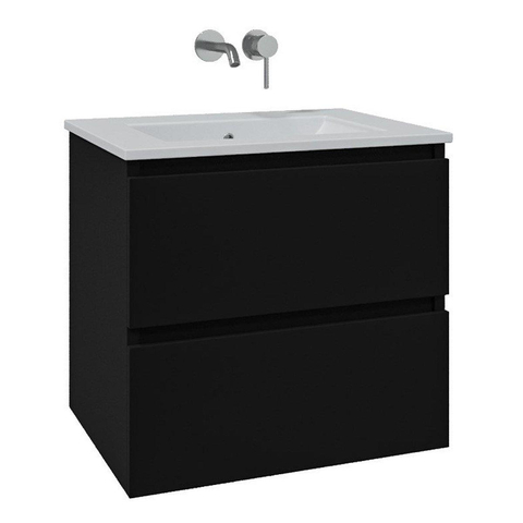 Saniclass Chaci Badkamermeubelset - 60x45x55cm - keramische wastafel glans wit - 1 wasbak - zonder kraangat - 2 lades - mat zwart SHOWROOMMODEL SHOW26723