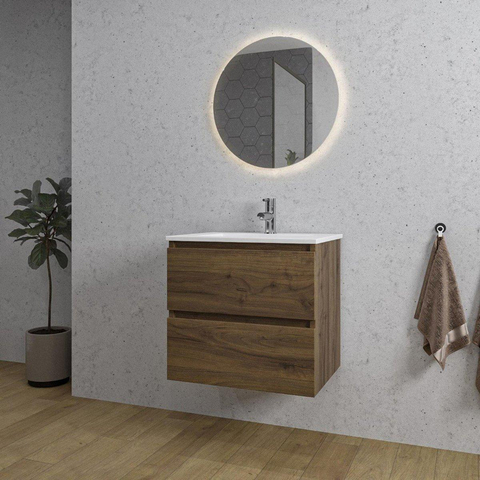 Saniclass Chaci Meuble de salle de bain - 80x46x55cm - lavabo en céramique blanc - 1 vasque - 1 trou de robinet - 2 tiroirs - noyer (hout) SW809356