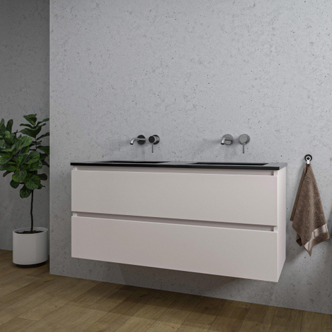 Saniclass Chaci Meuble de salle de bain - 120x46x55cm - lavabo en céramique noir - 2 vasques - sans trous de robinet - 2 tiroirs - mat cotton (beige) SW1182346