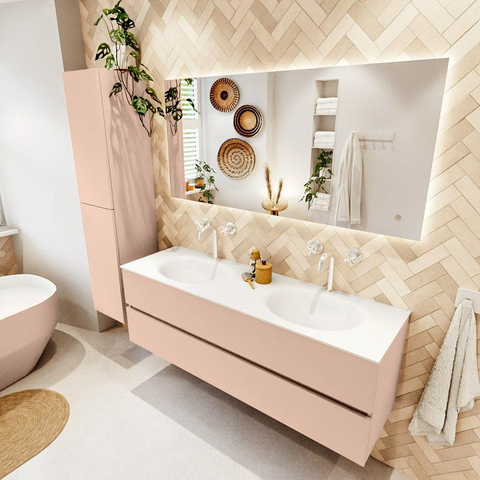 MONDIAZ VICA Ensemble meuble de salle de bains - 150cm - meuble sous-vasque rosee - 2 tiroirs - lavabo moon double - 2 trous de robinet - version haute 60cm - talc SW1080362